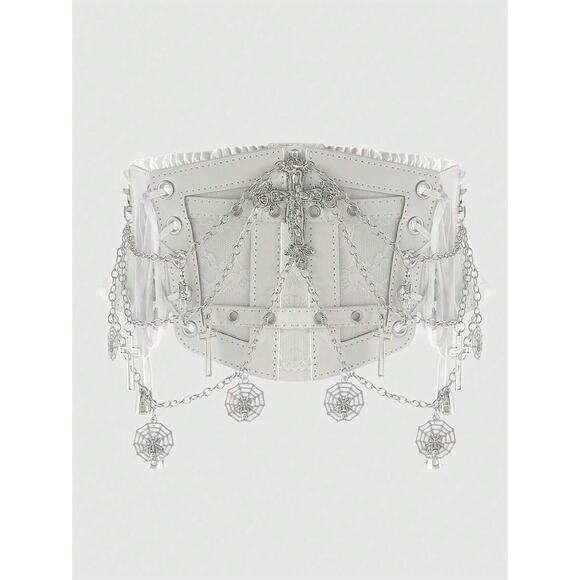 White Goth Gothic Angel Punk Corset Waist Cincher Style Chain Lace Up Belt S - Picture 1 of 3